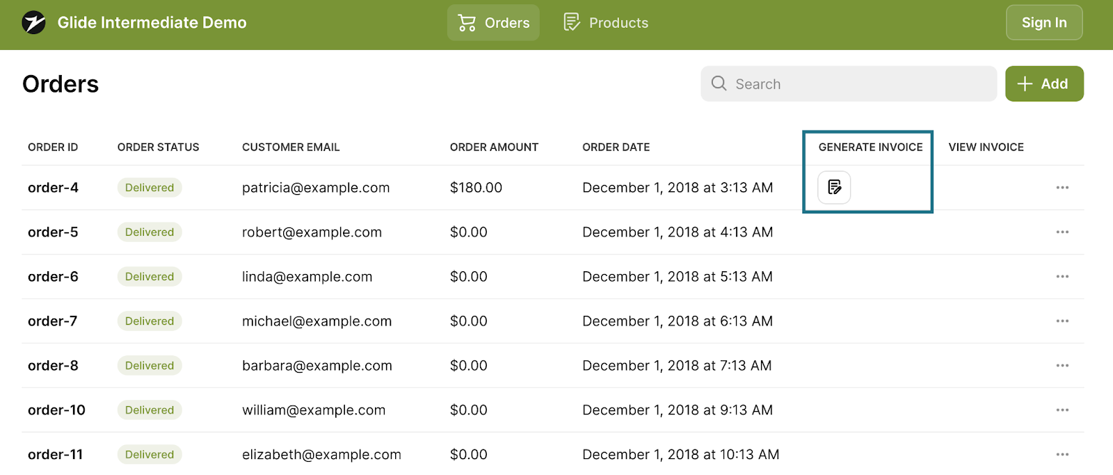 An order management app created in Glide. The generate invoice column in the Orders table has been highlighted.