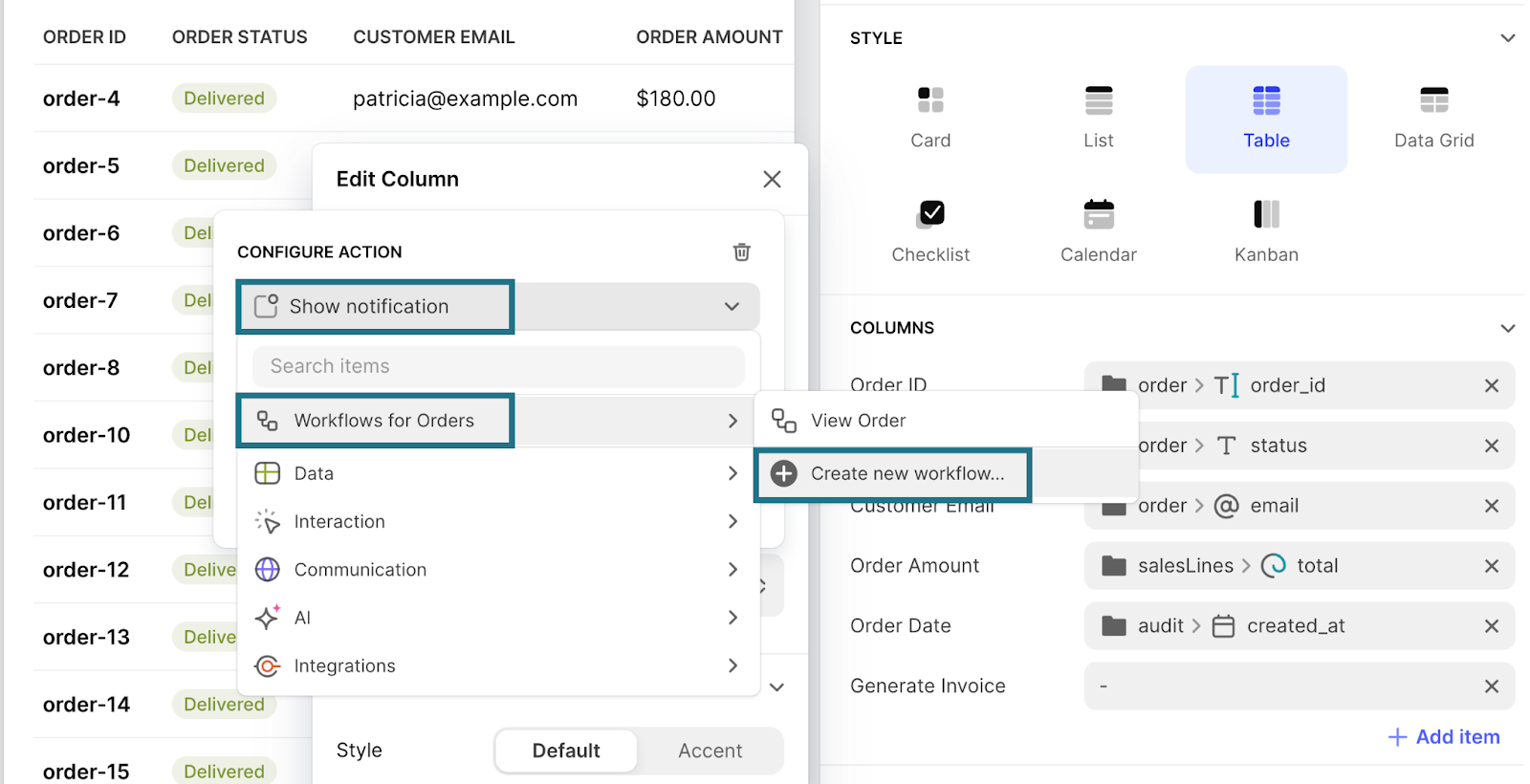 Creating a new workflow for a button-type column in a table in Glide's UI designer.