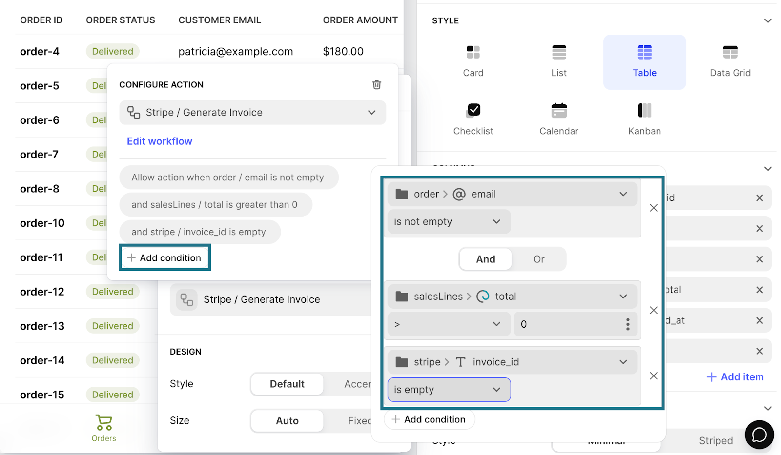 How to add conditions to a button-type column in a table in Glide. Here the button will generate an invoice only if the email column is not empty, the total column is greater than zero and the invoice_id column is empty.
