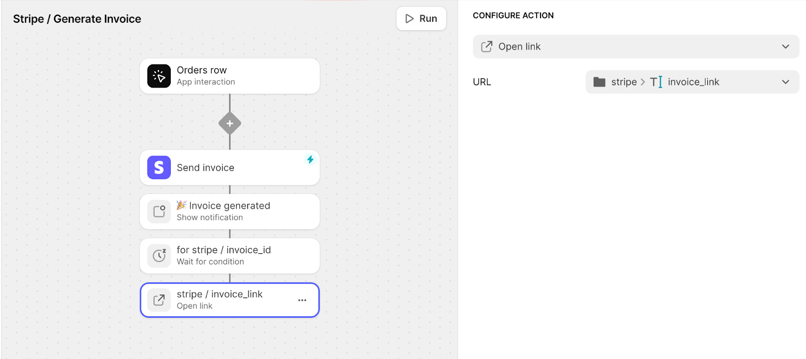 A Glide workflow using the Open Link action and it's configuration settings.