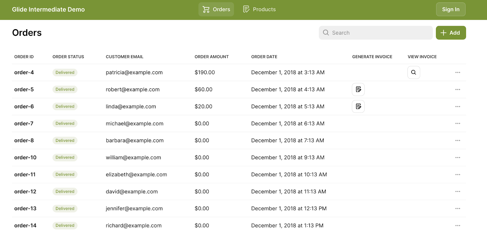 An order management app created in Glide.