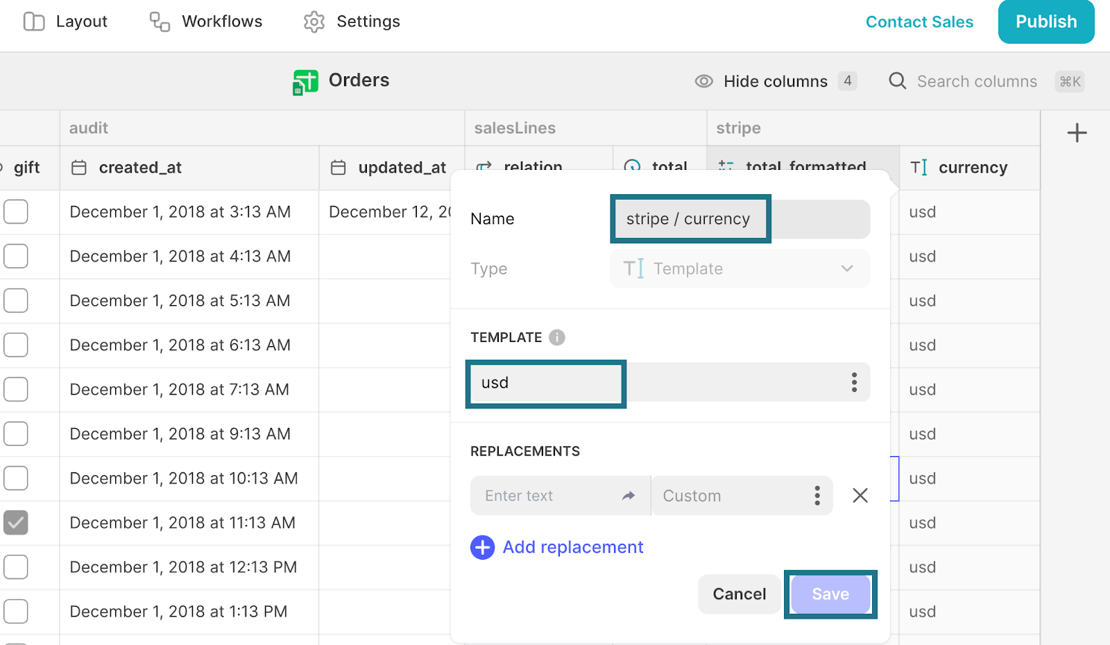 Adding a Template column, called stripe / currency, to an Orders database in Glide. The template value has been set as usd.