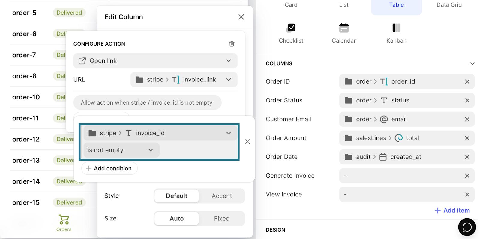 How to add conditions to a button-type column in a table in Glide. Here the button will open a link only if the invoice_id column is not empty.