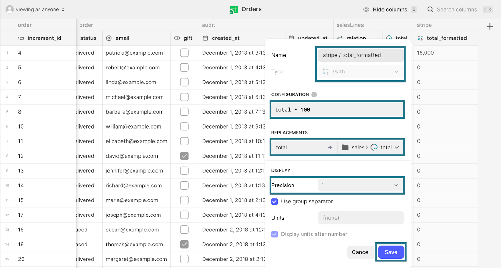 Adding a column, called stripe / total_formatted to an Orders database in Glide. The configuration value is set at total * 100, the replacement value is mapped to the total column and precision is set to one.