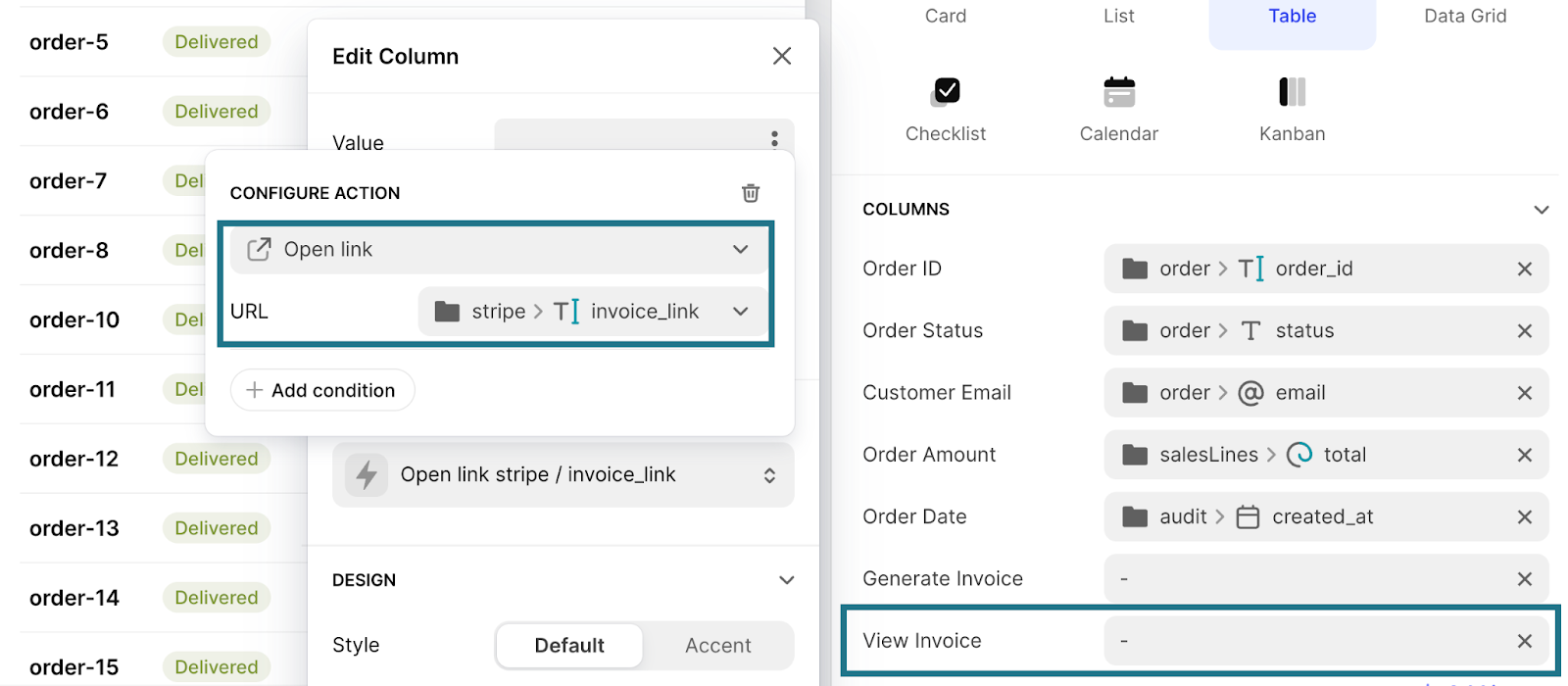 Adding a button-type column, called View Invoice, to a table in Glide's UI designer. The button here is set to open a link.