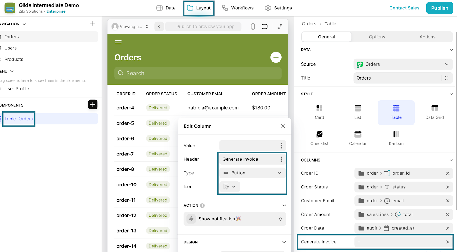 Adding a button-type column, called Generate Invoice, to a table in Glide's UI designer.