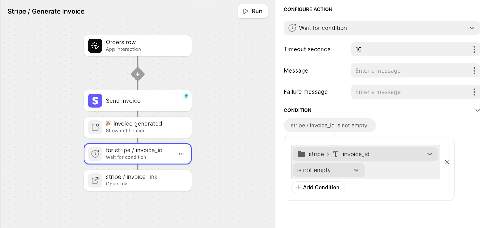 A Glide workflow using the Wait for condition action and it's configuration settings.