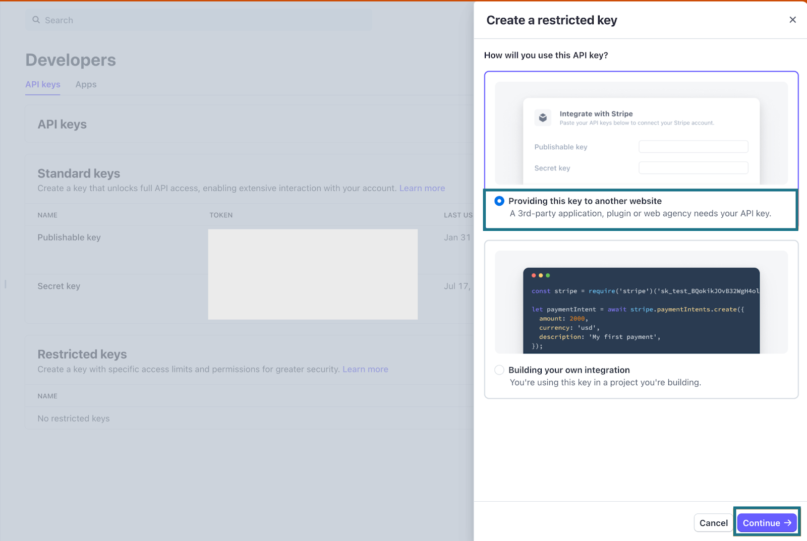 The configuration prompt to Create a restricted key in the Stripe Developers Dashboard. The option to provide the key to another website is highlighted.