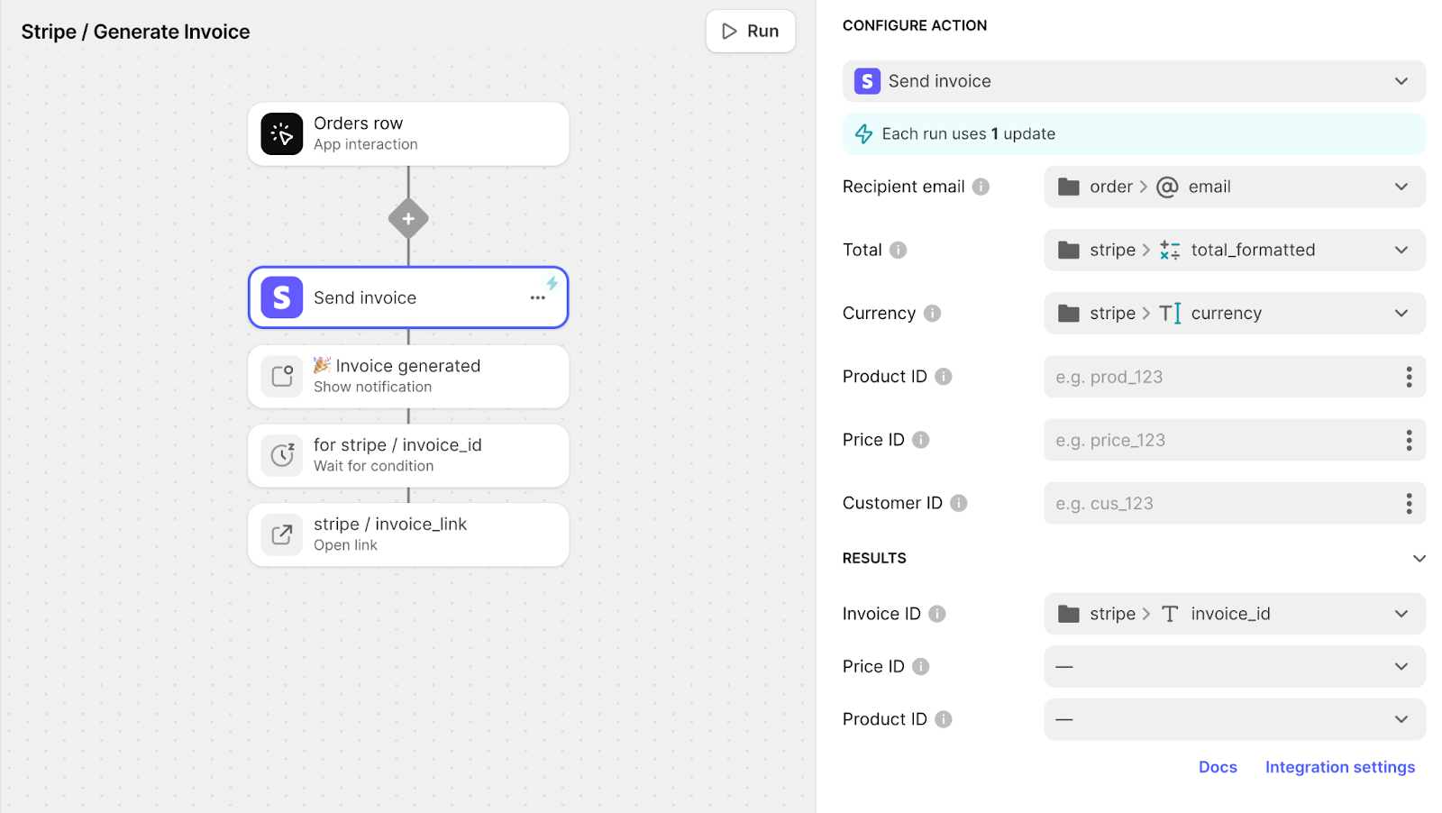 A Glide workflow using the Stripe Send Invoice action and it's configuration settings.