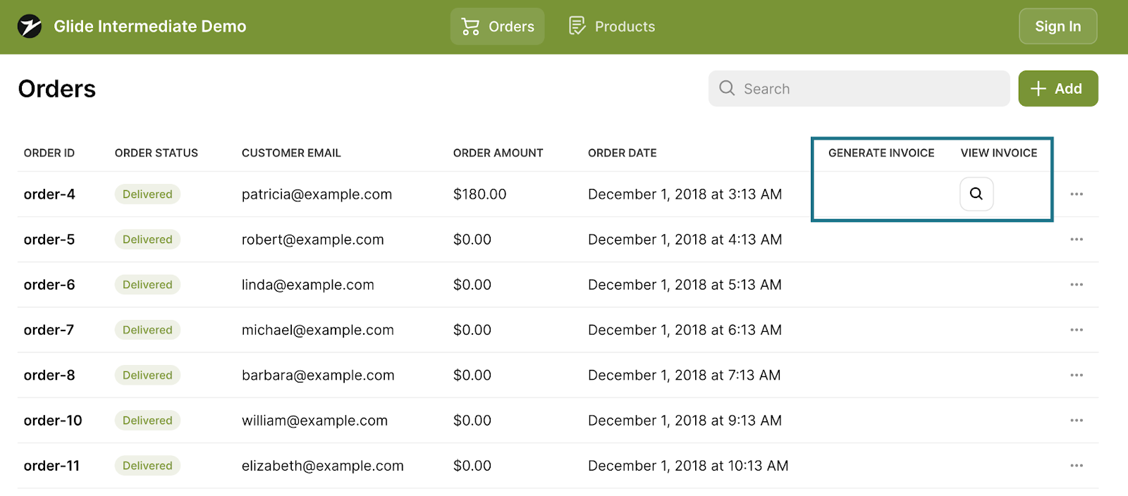An order management app created in Glide. Two columns in the Orders table, generate invoice and view invoice, have been highlighted.