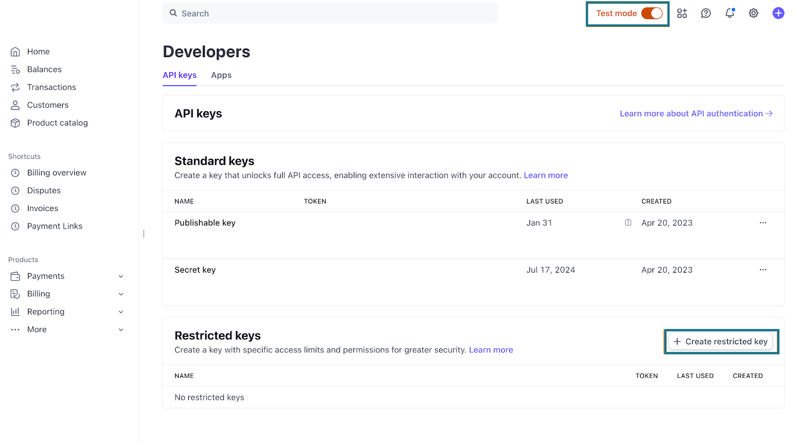 The Stripe Developer Dashboard. Test mode is toggled on and the Create restricted key button is highlighted.