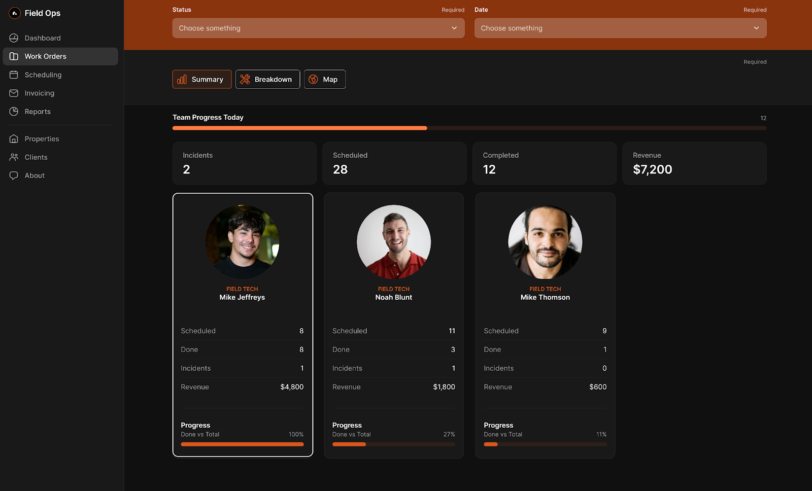 A Glide app, entitled Field Ops, showing the Work Orders section.