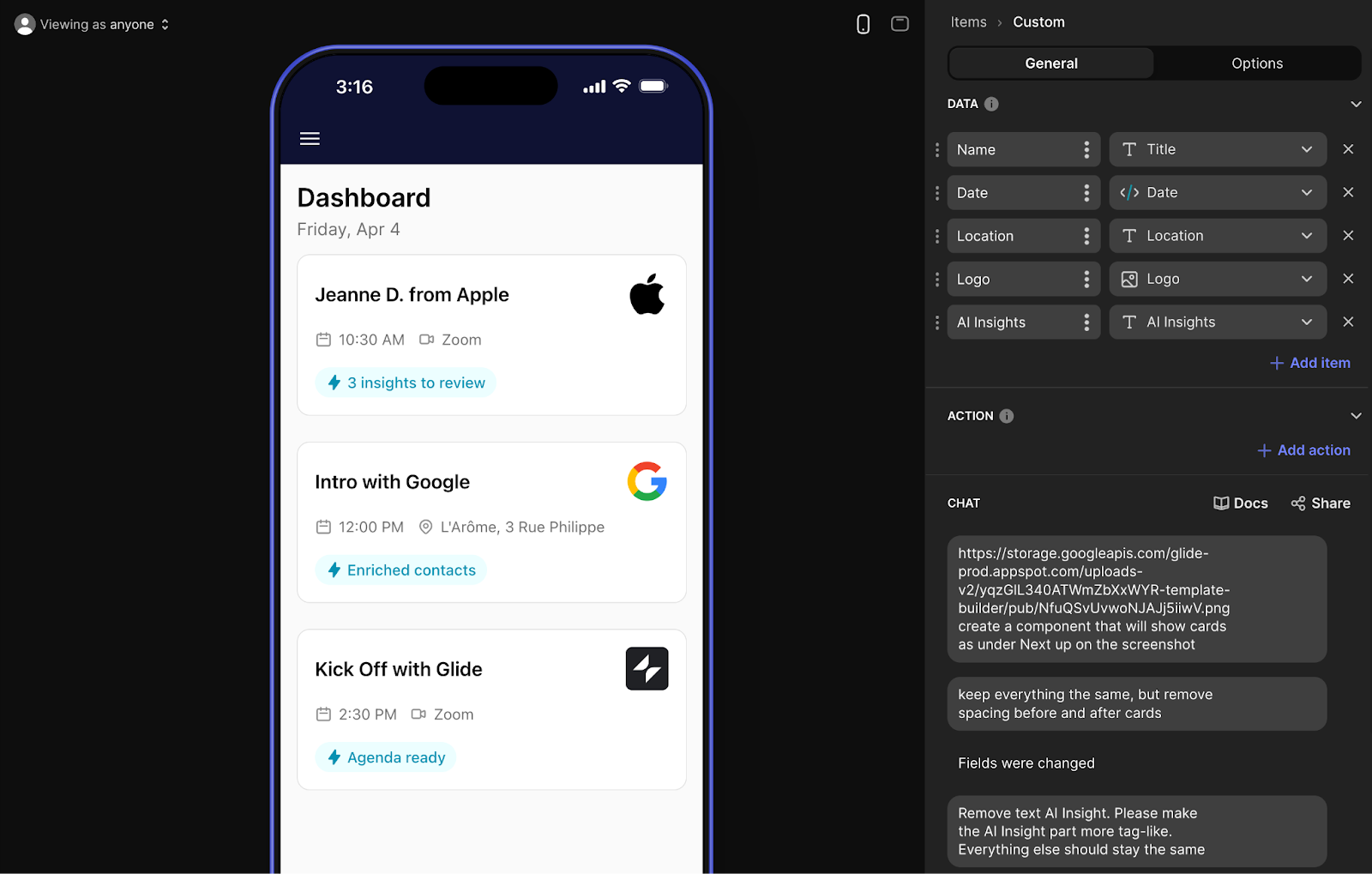 The AI Component in a Glide app.