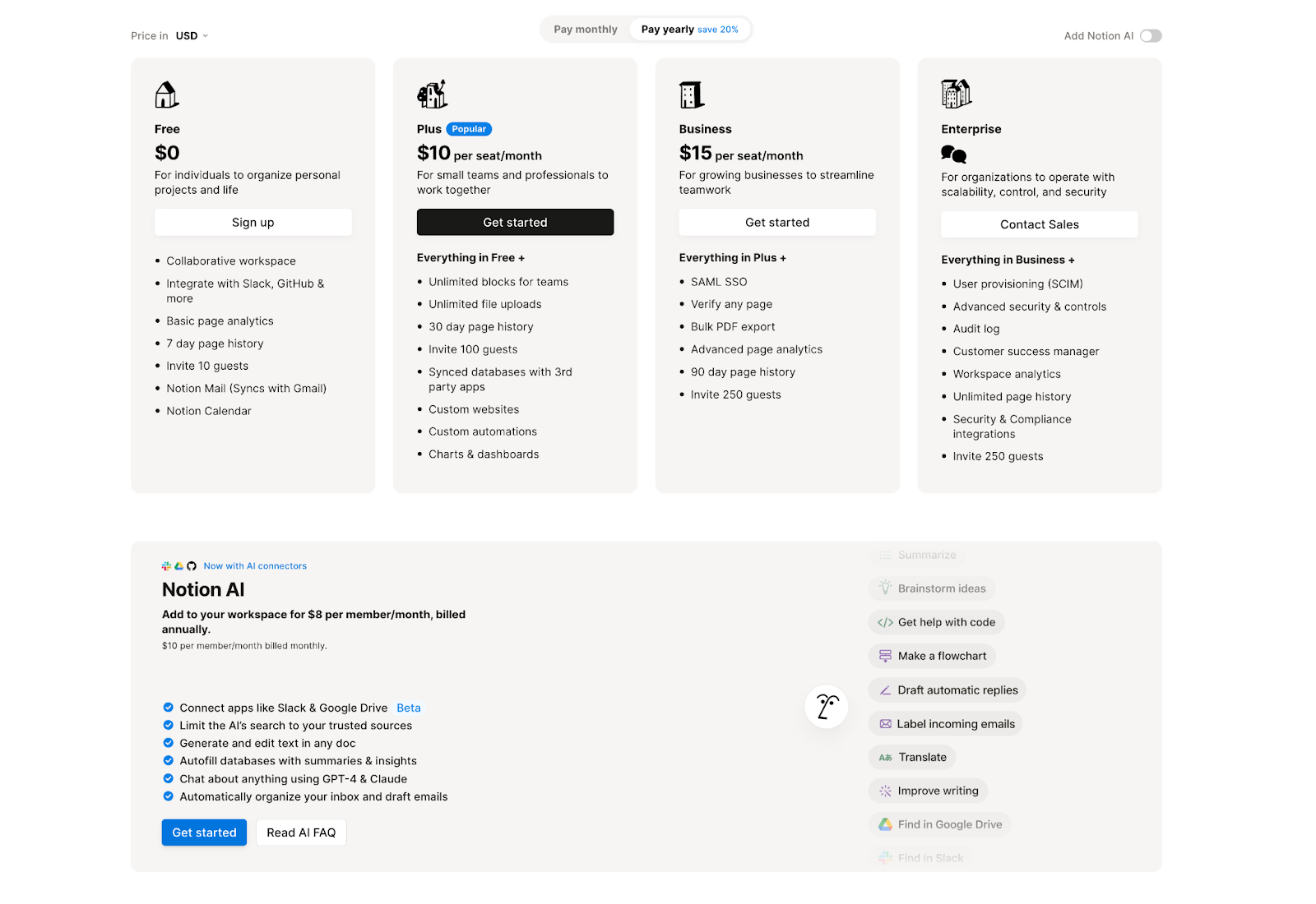 Notion's pricing plan.