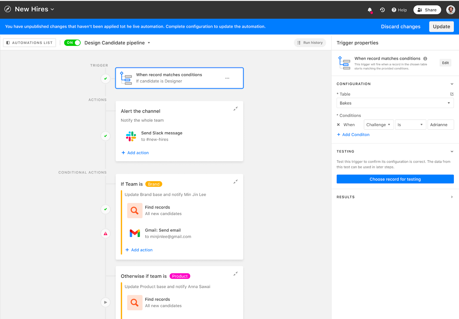 An Airtable workspace for designing a candidate pipeline. The trigger is highlighted and it's properties shown in the right side bar.