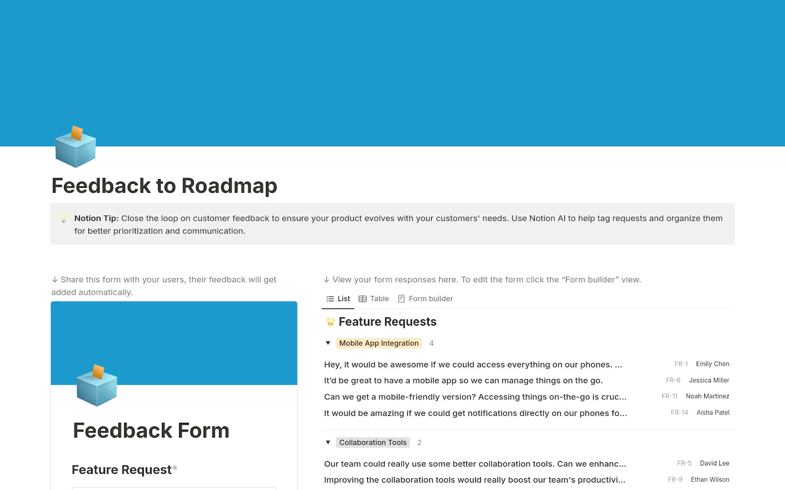 A Notion page called Feedback to Roadmap.