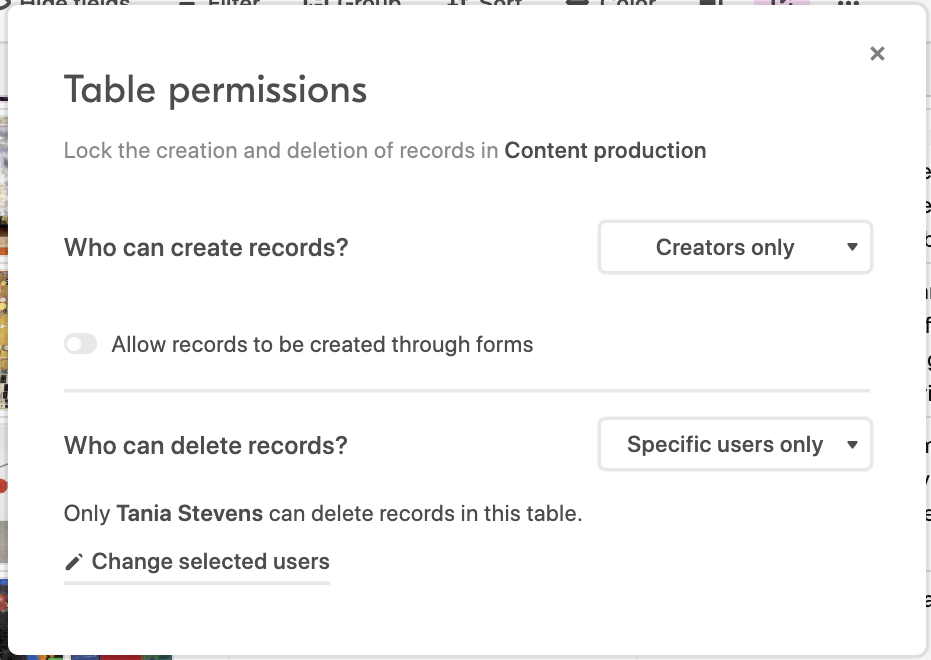 Table permissions settings in Airtable, where one can specify who can create and delete records.