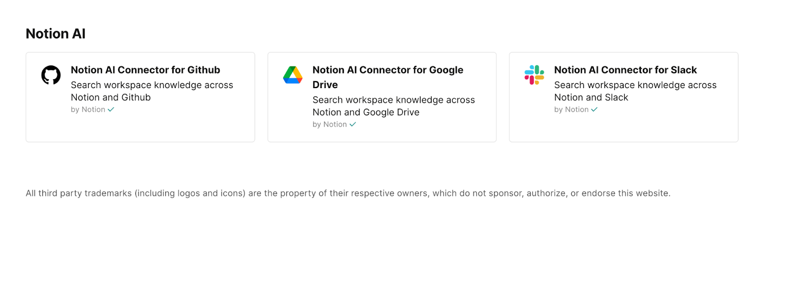 The options in Notion to connect Notion AI with Github, Google Drive and Slack.