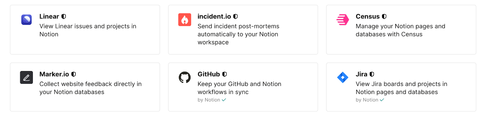 A list of some of the tools that Notion can connect to: Linear, incident.io, Census, Marker.io, GitHub and Jira.