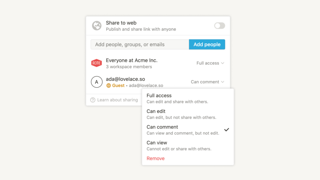 Some permissions settings in Notion for Sharing to Web.
