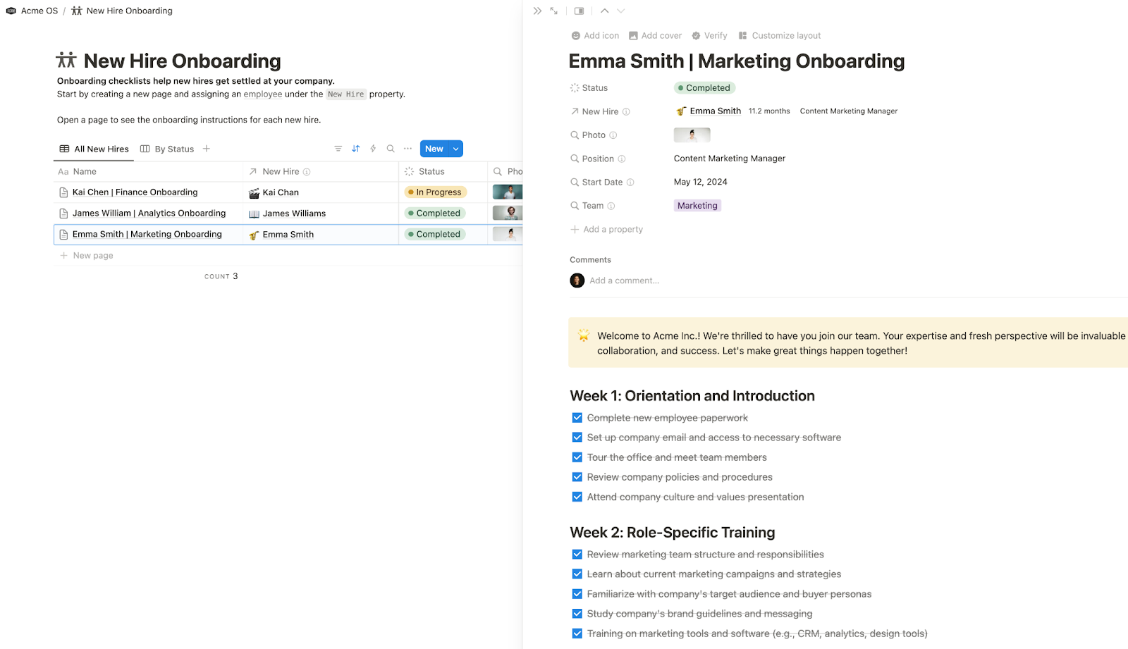 A Notion database is shown on the left side and on the right is the page information for the highlighted row in the database.