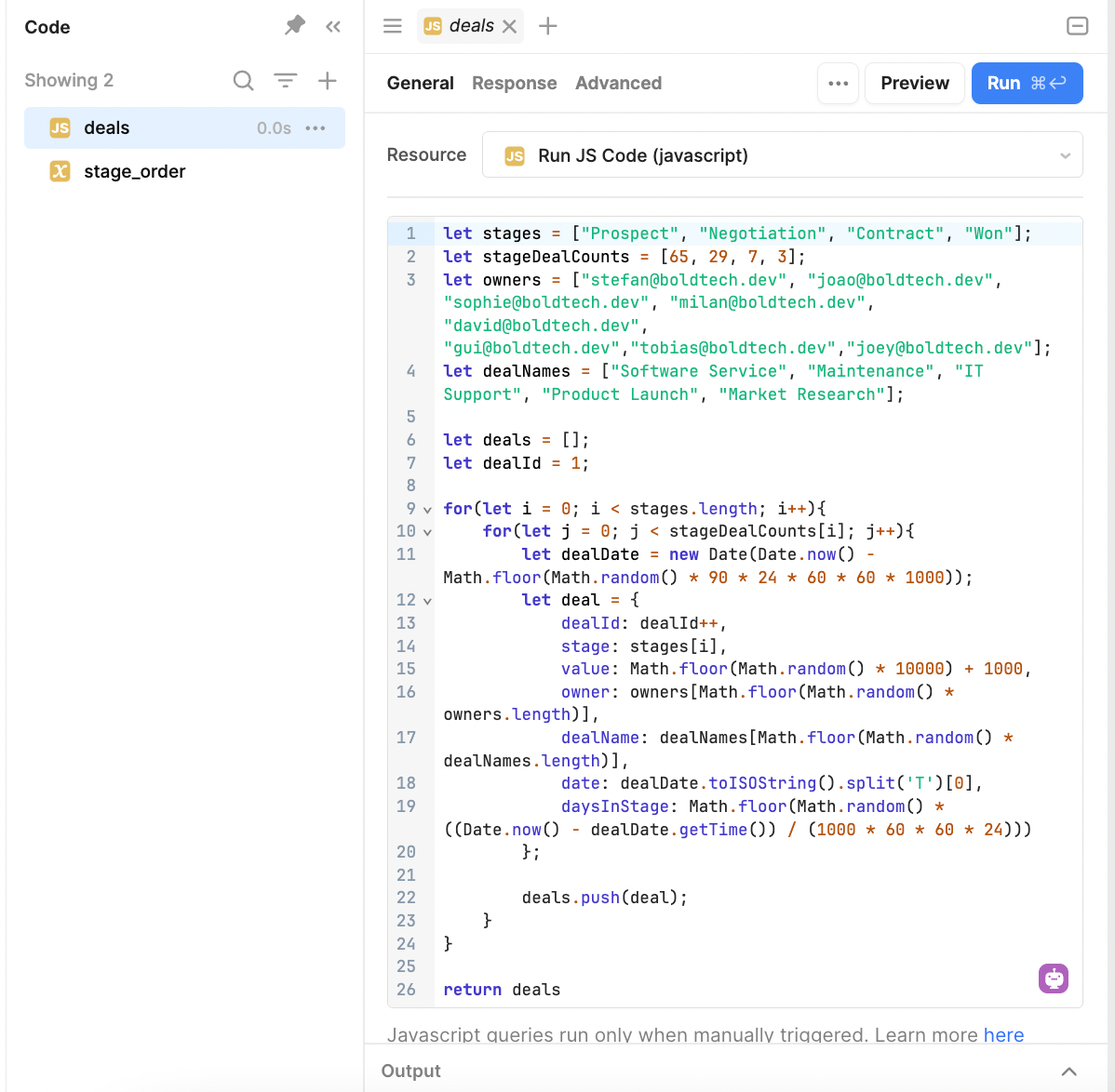 A JS query in Retool called deals.