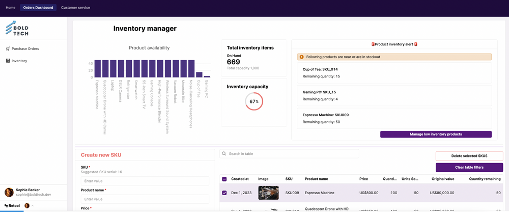 Inventory management app dashboard built with Retool, showing product availability, total inventory items, capacity, low stock alerts, and SKU management features.