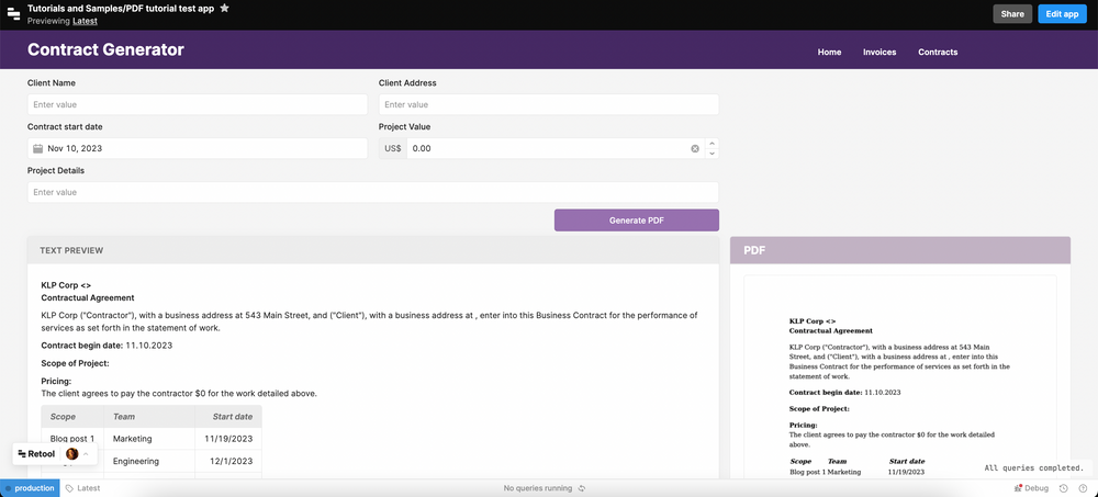 Setting up PDF generation and exporter in Retool interface.