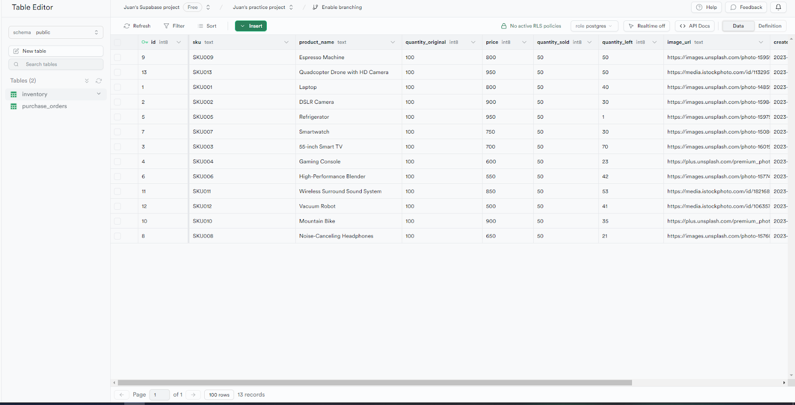 Supabase dashboard overview showing project details.