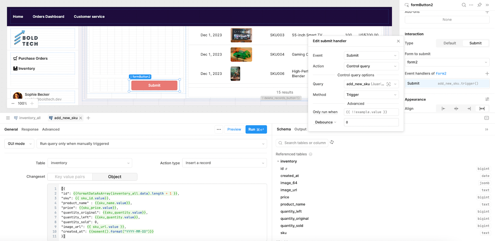 A submit handler within an inventory management app in Retool. 