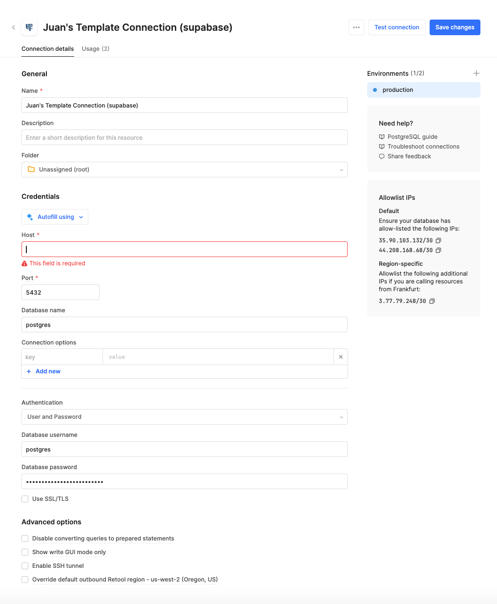 A connection page in Retool.