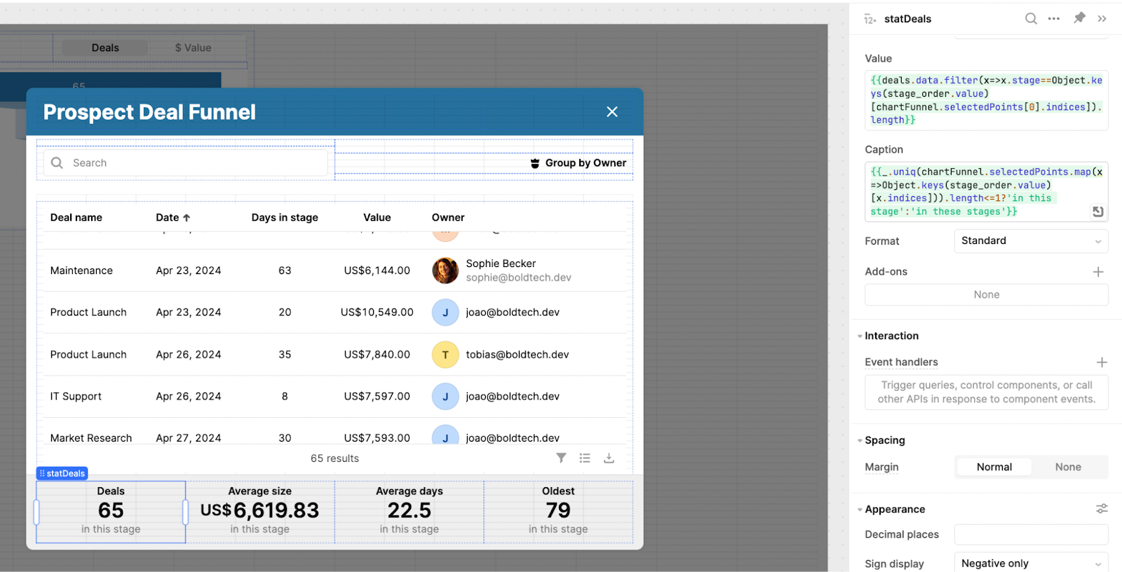 Statistic in the Retool modal showing the total number of deals in the selected sales funnel stages.