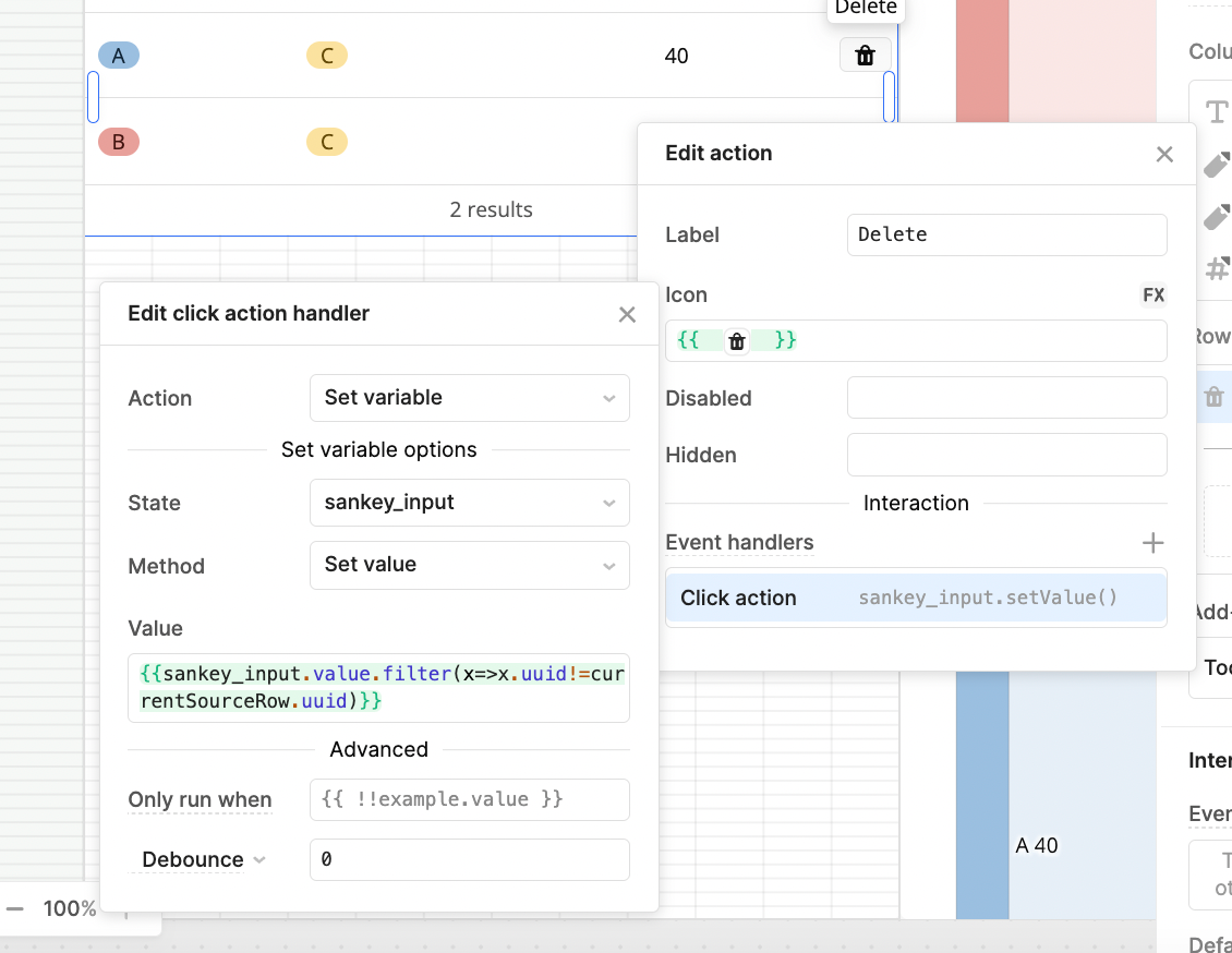 Using an action handler to delete a node in a Sankey diagram in a Retool app.