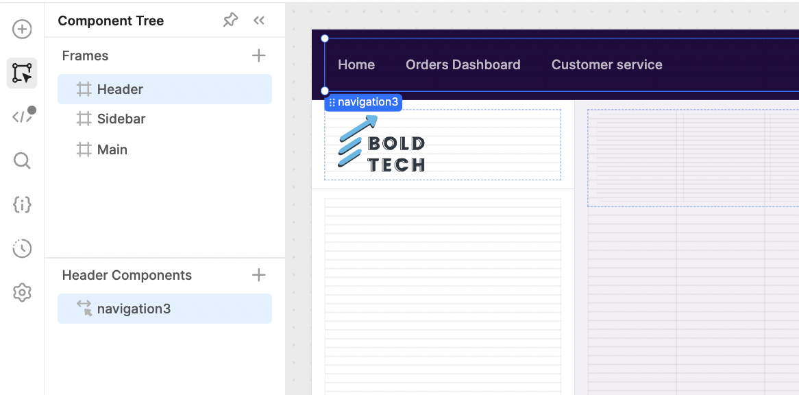 Header and sidebar frames within a Retool Component Tree.