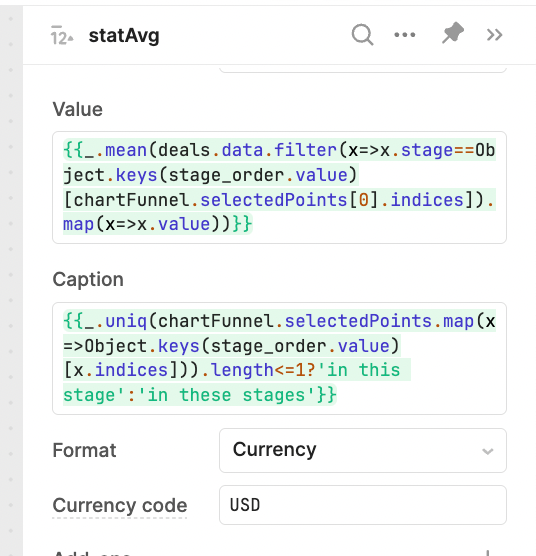 tatistic in the Retool modal calculating the average deal size for the selected stages in the funnel chart.