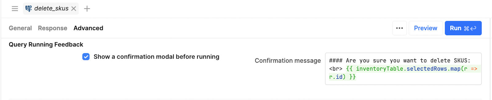 A confirmation modal to avoid accidental deletions in Retool. 