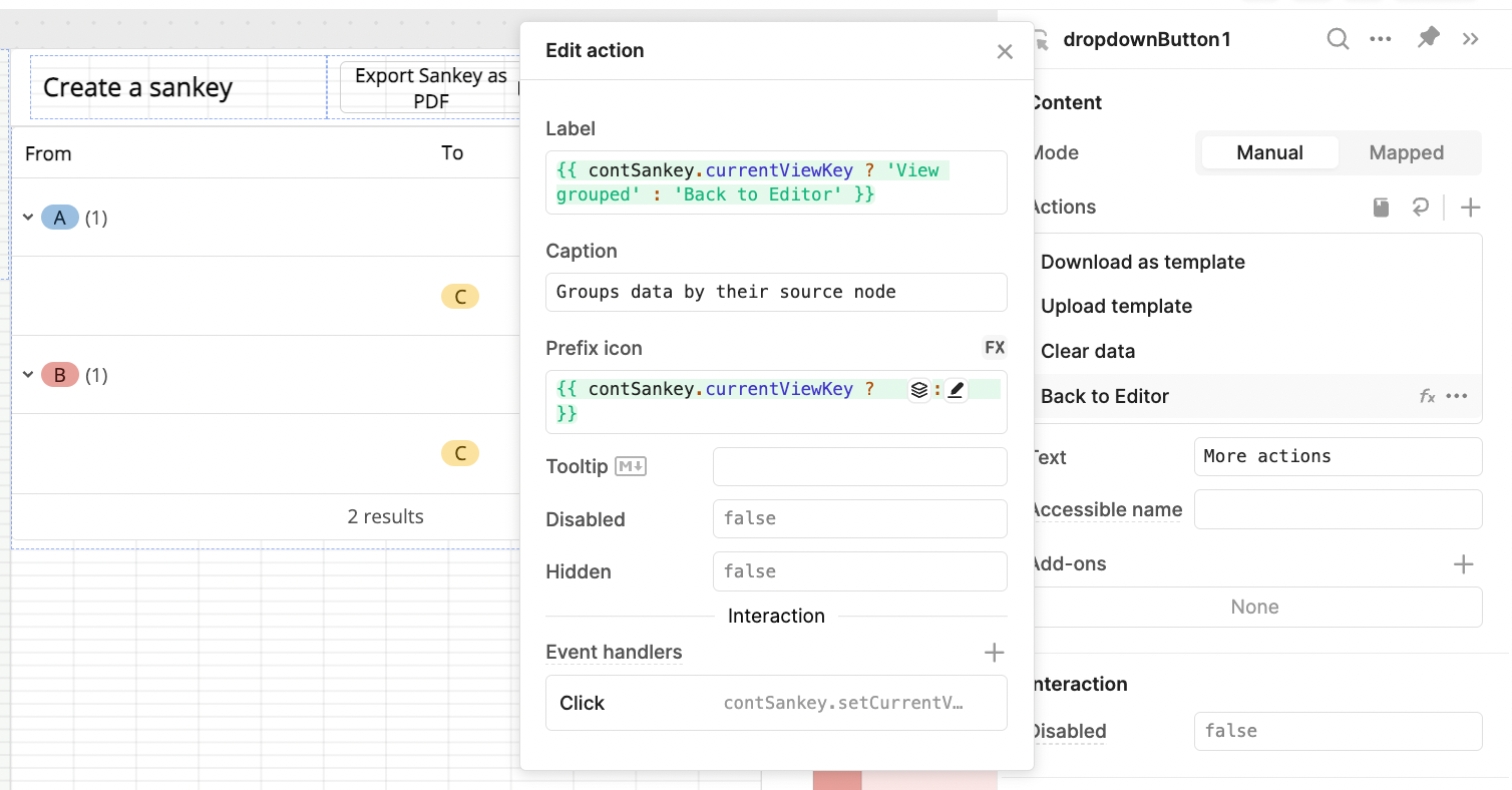 Edit action settings for a button that groups data by their source node in a Retool app.