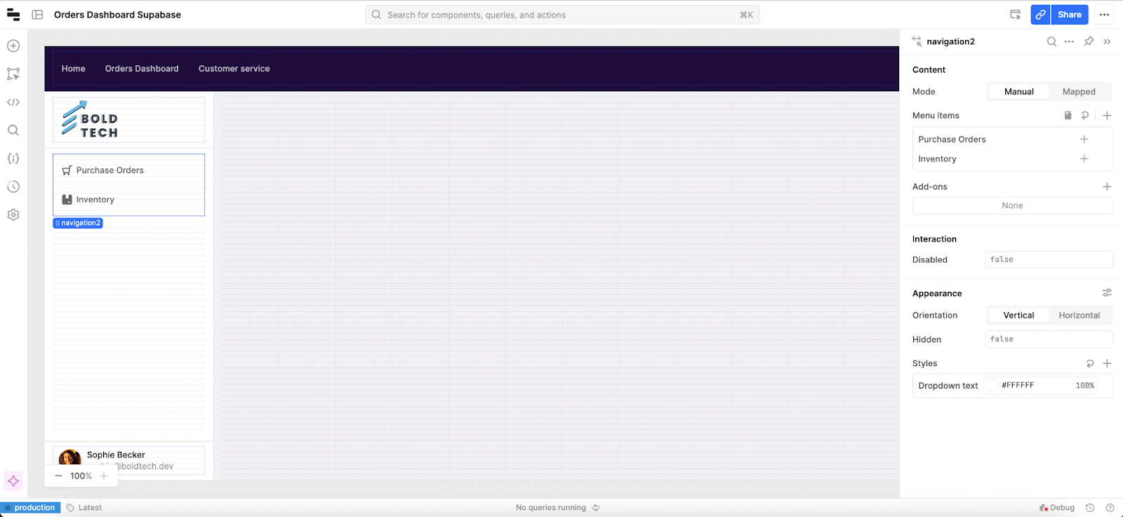 A navigation component that has page names mapped out as Purchase Orders and Inventory
