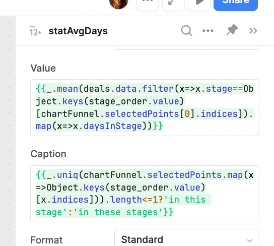 Statistic in the Retool modal calculating the average number of days deals spent in the selected funnel stages.