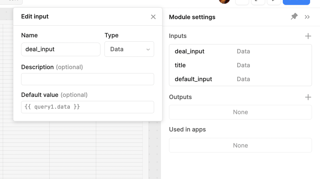Retool module interface showing options to define inputs and outputs, including deal data and title for reuse in different apps