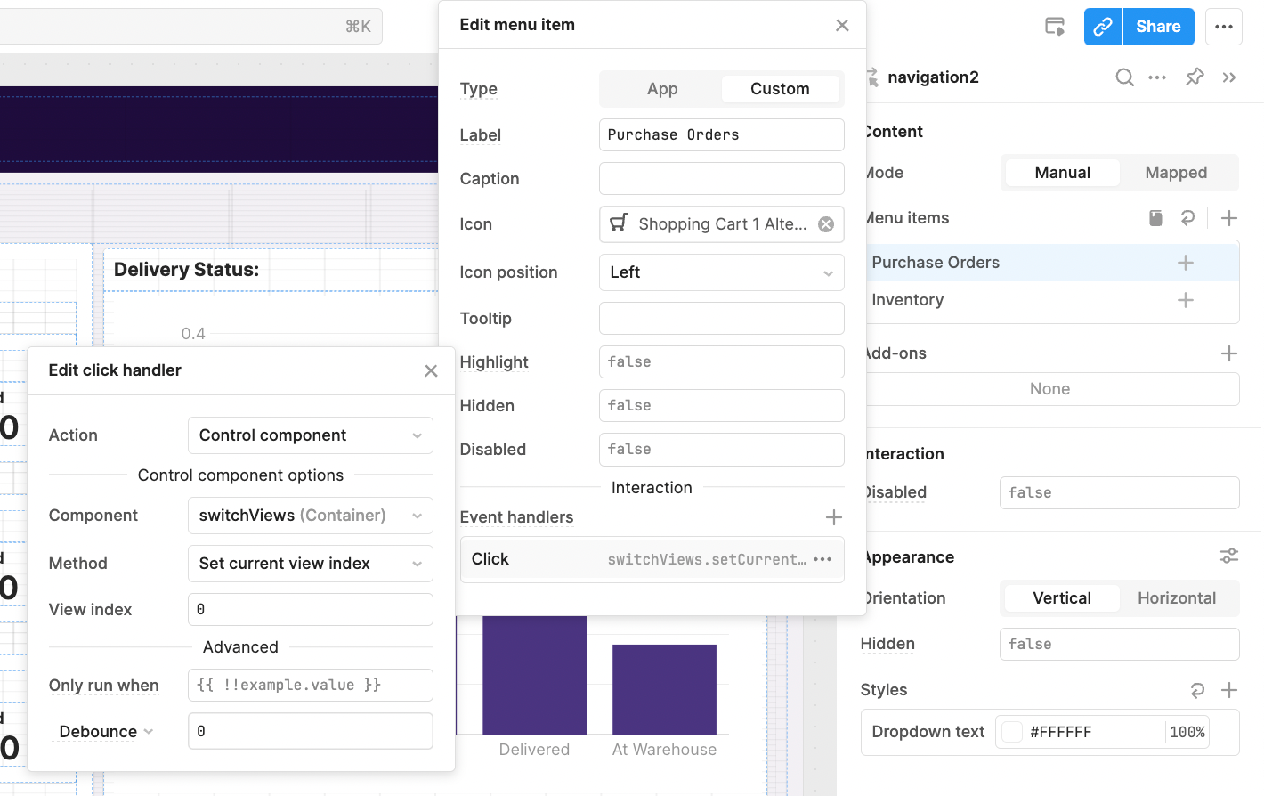 Setting up a container in Retool with two views and a navigation component.