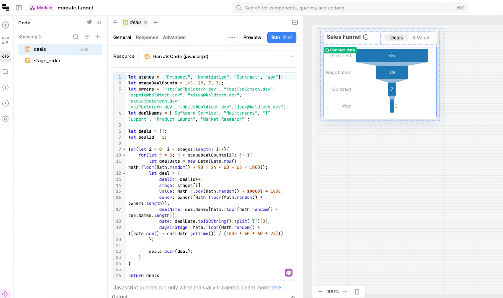 Retool interface showing JavaScript code with mock data, connected to test the reusable module for the funnel chart