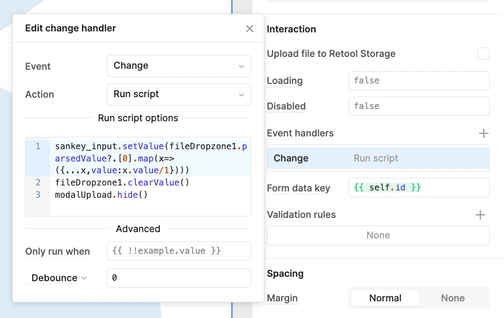 The script for uploading a sankey diagram in CSV format in a Retool app.