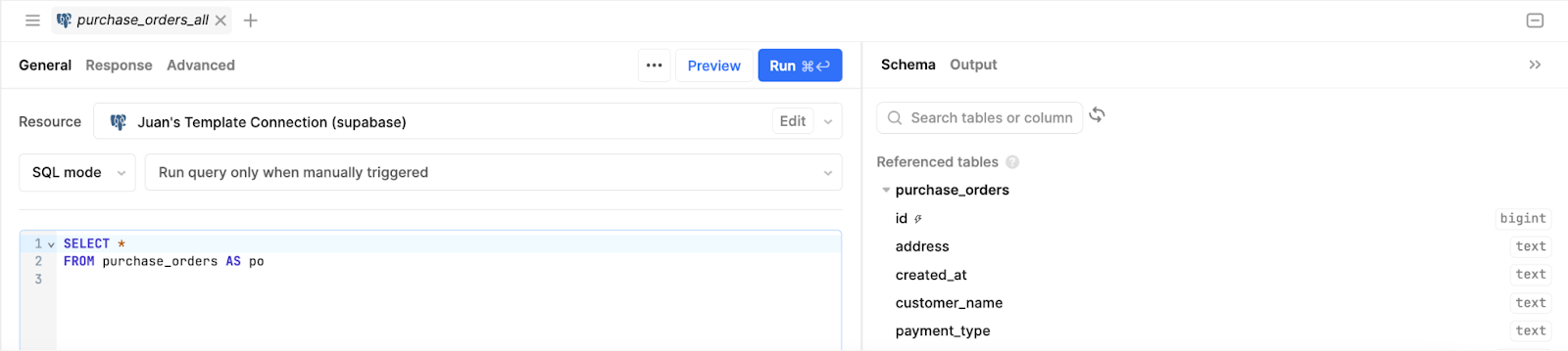 Purchase order data pulled into the Retool table using the PostgresRresource (Connection page) and SELECT* FROM purchase_orders written in the code panel.
