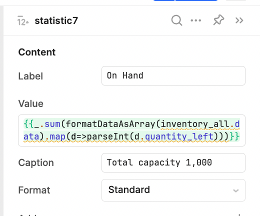 JavaScript in Retool to sum remaining stock.