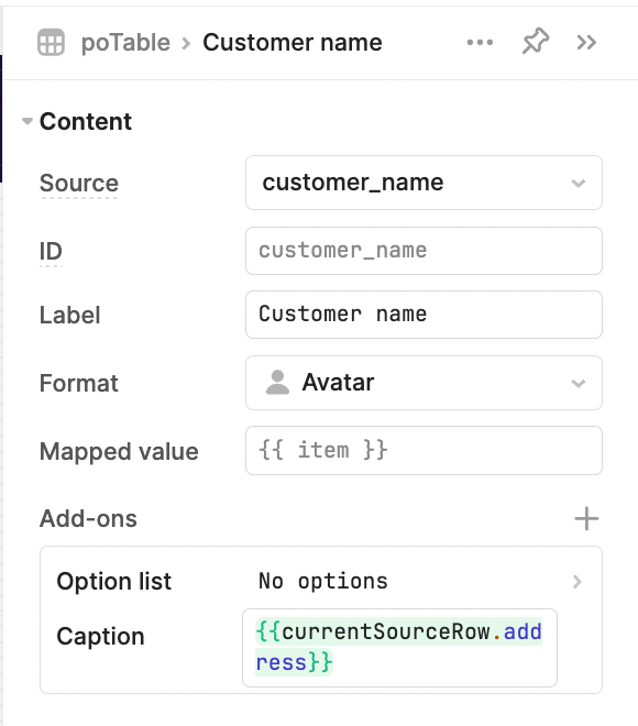 Settings for a editing a table column in Retool.