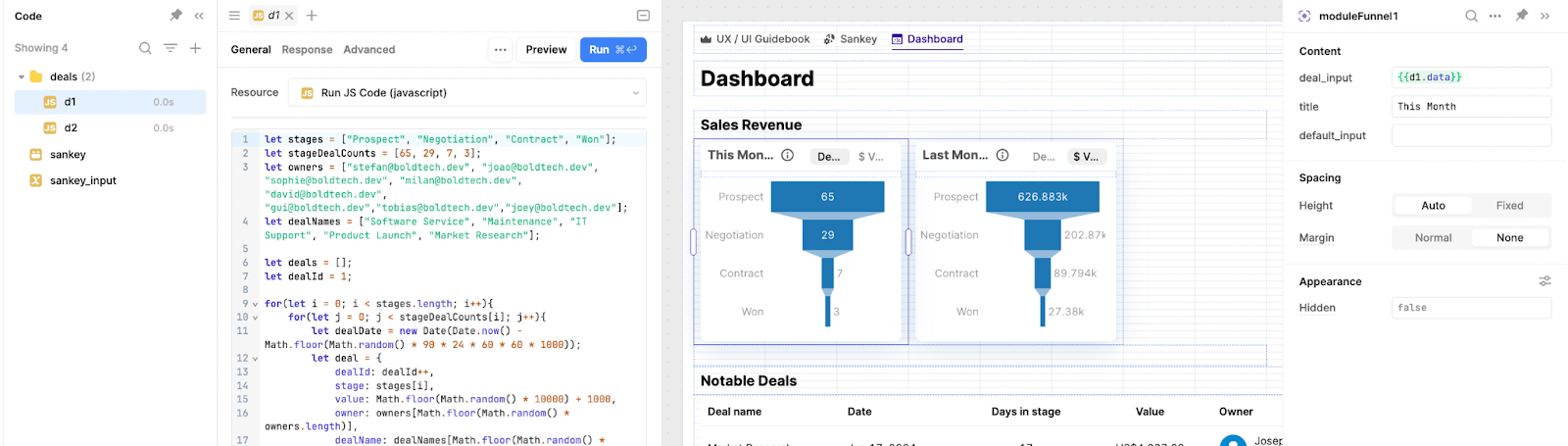 Funnel chart module in use within a Retool app, displaying connected data and title dynamically.
