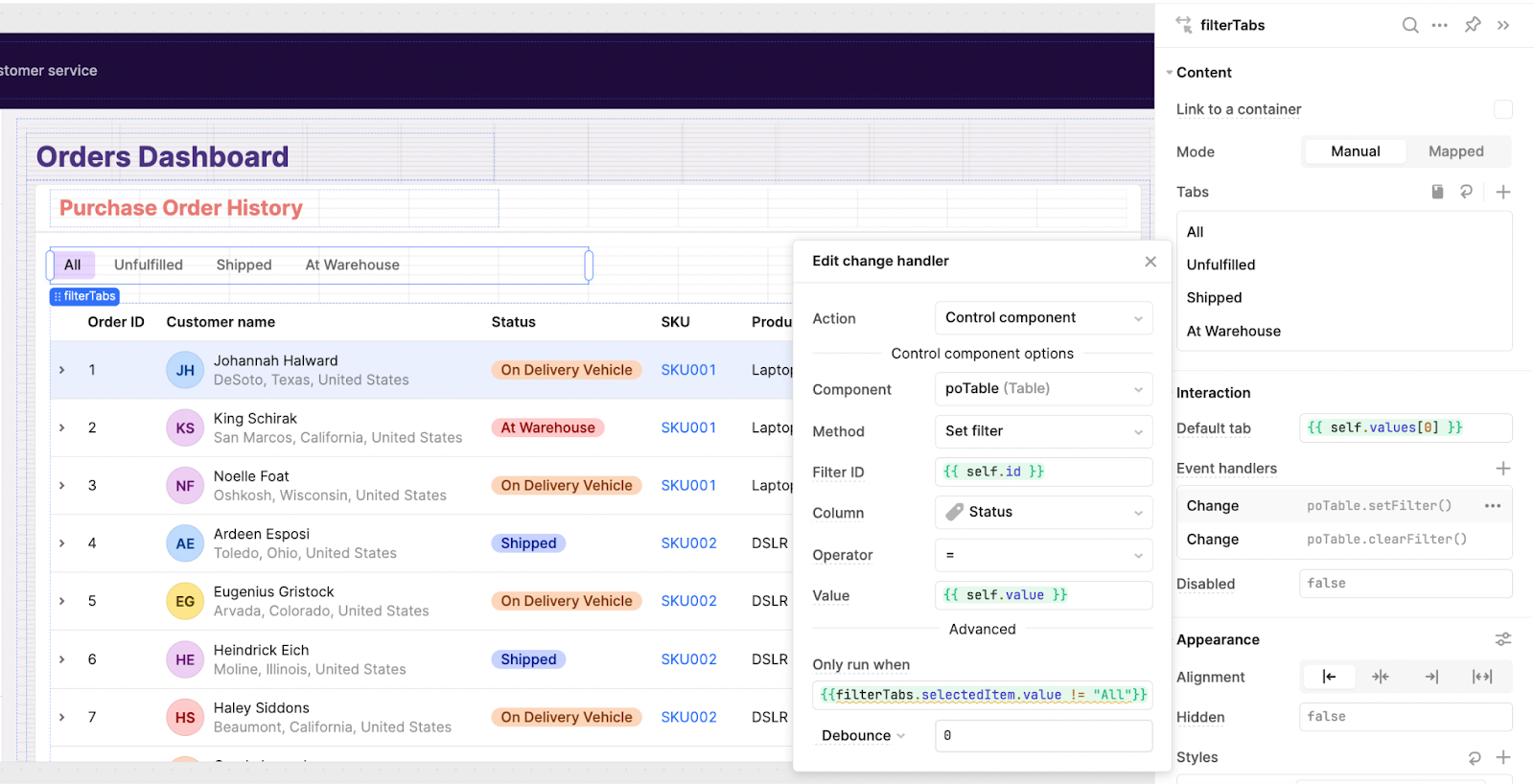 The Edit change handler settings for a table in an Orders Dashboard in Retool.