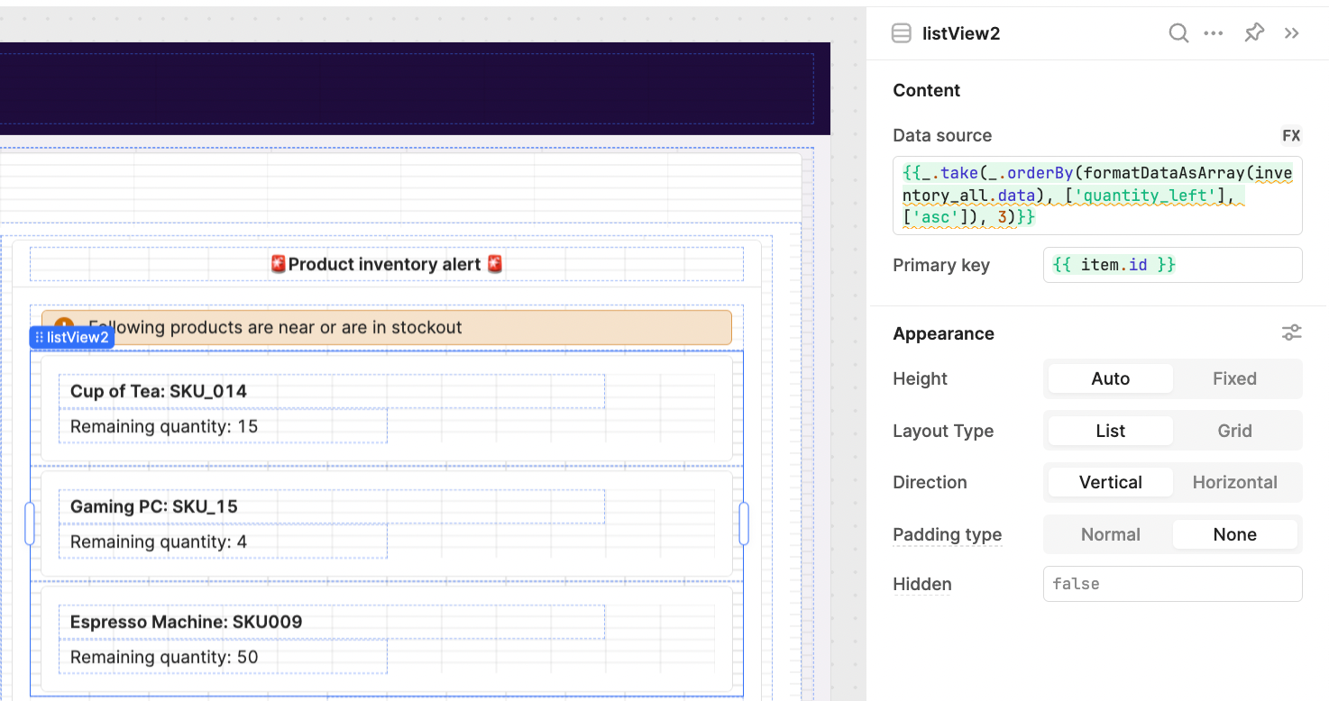 A listview component in an internal Retool app showing number of products left.