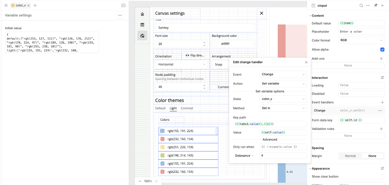 A Listview component with a repeating color input component which sets the colors for Sankey diagrams generated in a Retool app.